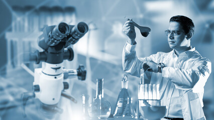 Poster - man laboratory assistant. scientist with test tube and microcomputer. laboratory technician ticks ti