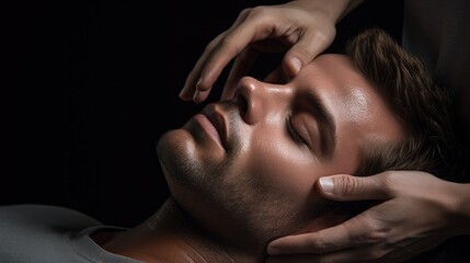 A man getting a facial massage in a dark room