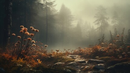 Wall Mural - A trail in the middle of a forest in the fog