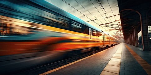 Wall Mural - High speed train in motion on the railway station at sunset. Fast moving modern passenger train on railway platform. Railroad with motion blur effect.