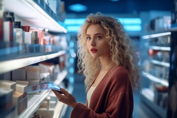 young woman in a cosmetics store looking and buying