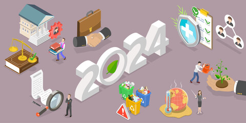 3D Isometric Flat Vector Conceptual Illustration of New Year 2024 And ESG Trends, Environmental, Social And Corporate Governance