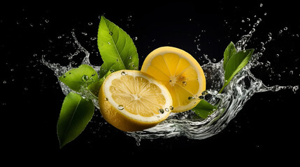 Wall Mural - Beautiful lemon fruits with leaves and splash