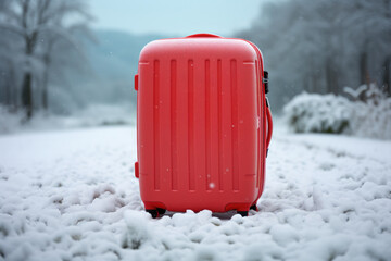 Poster - A red suitcase sitting in the snow, AI