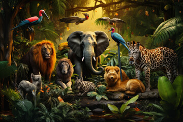 mixed group of wild animals in the jungle