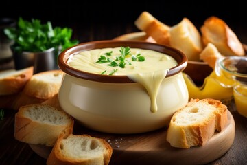 Wall Mural - Creamy cheese fondue. Background with selective focus
