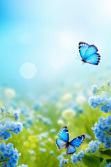 Spring meadow with blue flowers and flying butterflies, with space for text