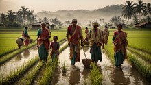 A Family Of Farmers Working Together In The Rice Paddy Field. Multiple Generations Are Involved In The Harvest, Reflecting The Deep-rooted Farming Traditions Of Rural India.