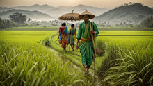 Farmer In Rice Field, Lush Green Rice Paddy Field In Rural India. Farmers, Dressed In Traditional Attire, Are Diligently Harvesting The Crop With Sickles.