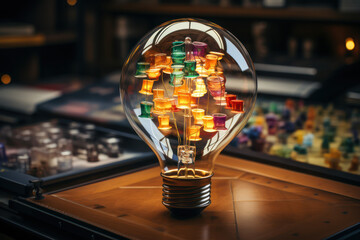 Fototapete - Puzzle of Creativity. Puzzle pieces coming together to form a lightbulb, illustrating the process of assembling ideas. Generative Ai.