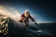 Older man dressed as santa klaus surfing