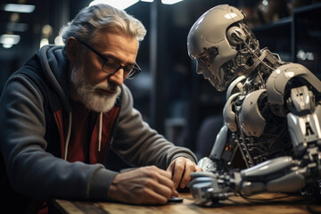 Poster - Engineers testing a humanoid robot's ability to interact with humans. Generative Ai.