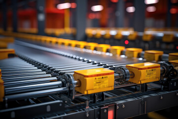 Poster - automated conveyor belts transporting goods in a distribution center. generative ai.