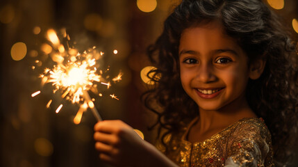 An Indian child playing with a sparkler during the Diwali festivities