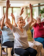 An artistic portrayal showcasing a group of elderly participants enjoying chair yoga, highlighting upper back stretches and seated shoulder rolls to improve posture and reduce discomfort.