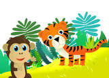 Fototapeta Pokój dzieciecy - cartoon scene with happy tropical cat tiger in the jungle isolated illustration for children
