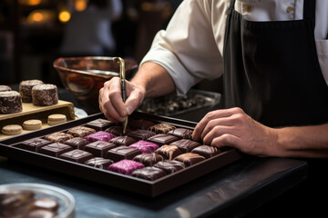 Sticker - A master chocolatier hand-painting chocolates with precision. Generative Ai.