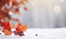 Autumn Leaves With Snowy Landscape And Open Space. Empty Space For Text. Generative Ai