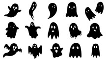 Black Silhouettes Of Ghosts Without A Background For Halloween.