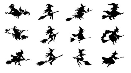 Black silhouettes of witch flying with the broom without background for Halloween.
