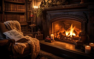 A Cozy Reading Nook by a Fireplace, Perfect for a Relaxing Evening. Generative AI