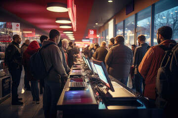 Poster - A long checkout line at a popular retail store, indicative of Black Friday crowds. Generative Ai.