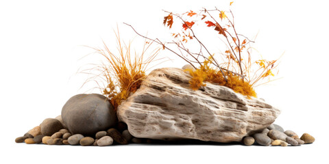 Wall Mural - stone rock with dry autumn grass around and orange leaves, png file of isolated cutout object on transparent background.