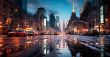 Night Snowy Christmas American City New York, Manhattan Area, New Year, Blurred Background - AI Generated Image