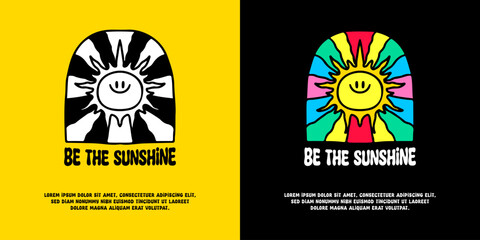 Wall Mural - Smiling sun and groovy rainbow with be the sunshine typography, illustration for logo, t-shirt, sticker, or apparel merchandise. With doodle, retro, groovy, and cartoon style.