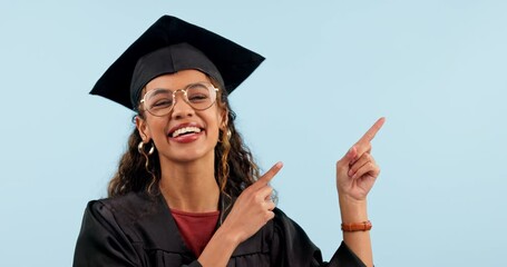 Poster - Happy woman, university graduation student or pointing up at studio commercial, learning achievement news or logo design. Promo direction, education notification or portrait person on blue background