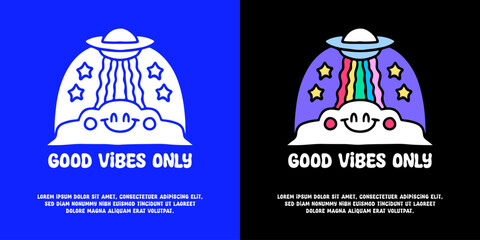 Wall Mural - Spaceship, rainbow, and cloud with good vibes only typography, illustration for logo, t-shirt, sticker, or apparel merchandise. With doodle, retro, groovy, and cartoon style.
