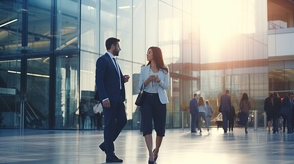 Sticker - business people walking in the modern corridor office building and sun light