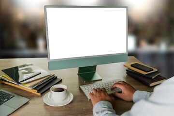 Poster - young man working businessman using a desktop computer of the blank screen.