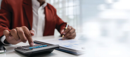 Poster - Digital marketing businessman working payment in office document hand using calculator to calculate finance report budget datum cost analysis growth tax datum