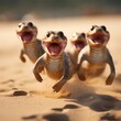 Cute funny Cobra group running and playing on beach in autum