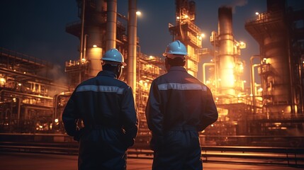 Poster - Engineers working at a petrochemical plant or oil factory