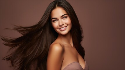 Wall Mural - portrait of a beautiful brunette woman with long wavy hair, beautiful skin, and natural makeup.
