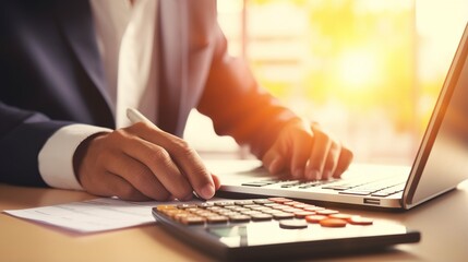 Poster - Man accountant use calculator and computer with holding pen on table. generative ai