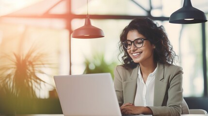 Poster - portrait of smiling indian woman using laptop computer at office. generative ai
