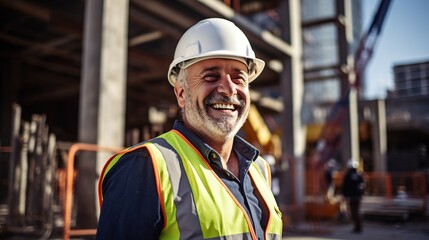 Canvas Print - portrait of a construction worker in the city. generative ai