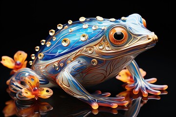 Wall Mural - A blue and gold frog figurine sitting on a black surface. Photorealistic AI.