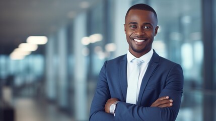 Wall Mural - portrait of an african businessman standing in office. generative ai