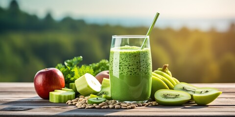 Wall Mural - green smoothie made from vegetables and fruits on a wooden table . healthy eating and self-care. 