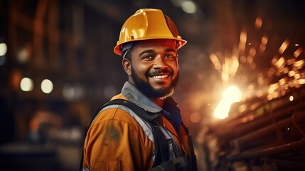 Poster - A man in a uniform and a hard hat is standing at an industry factory.
