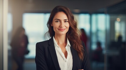 Wall Mural - Portrait of a beautiful business woman in office background. generative ai