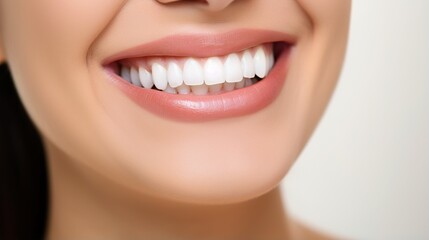 Woman face, beauty and natural dental veneers in studio background. Oral health, healthcare or woman model happy mouth with clean teeth hygiene. generative ai