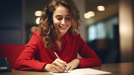 Poster - At work, a woman writes in a notepad while sitting at her desk.