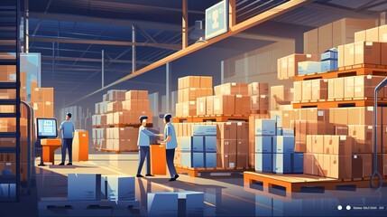 Wall Mural - Logistics worker reading a clipboard while moving goods with a pallet jack in a warehouse. generative ai