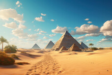 Ancient Pyramids In Desert On Sunny Day In Egypt, Fiction Scenic View
