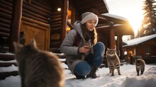 Woman Happily Pets Some Stray Cats Under The Eaves Of A Wooden House In The Snow.